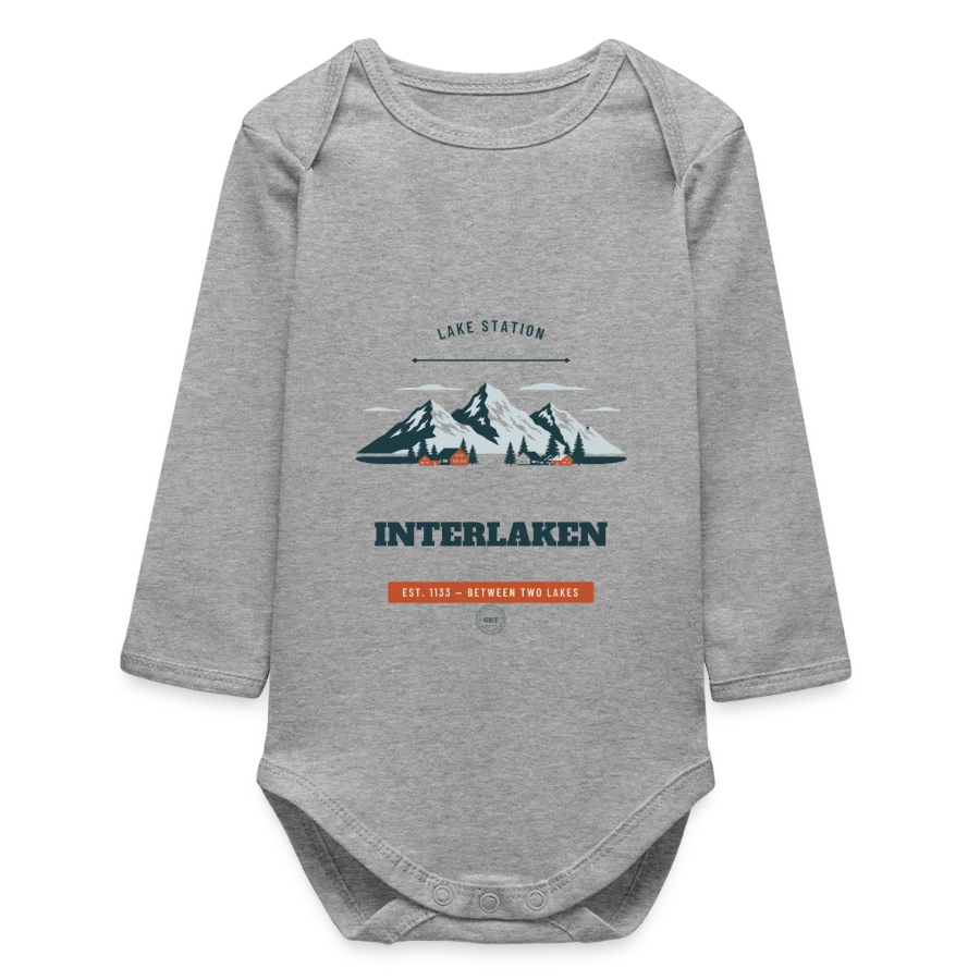 Interlaken badge on a baby organic long-sleeved bodysuit, heather grey