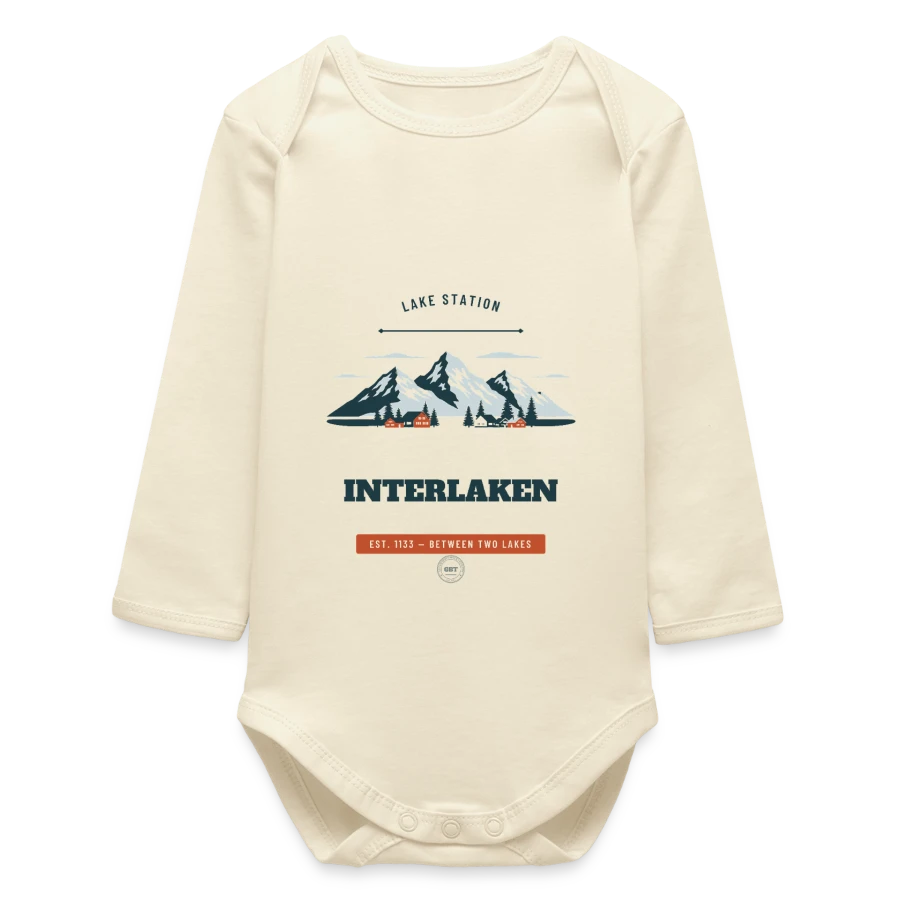 Interlaken badge on a baby organic long-sleeved bodysuit, soft Ecru