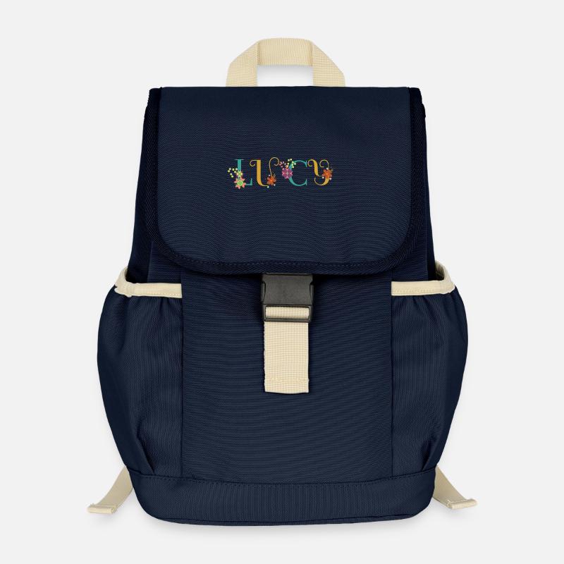 Art du nom LUCY avec des fleurs brodées - Sac à dos enfant recyclé - bleu marine