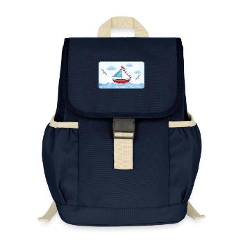 Voilier bleu sur la mer - peint à la main - Sac à dos enfant recyclé - bleu marine - Devant