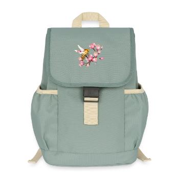 flying bee with magnolias hand drawn - Kids’ Recycled Backpack - stonewash green - Front