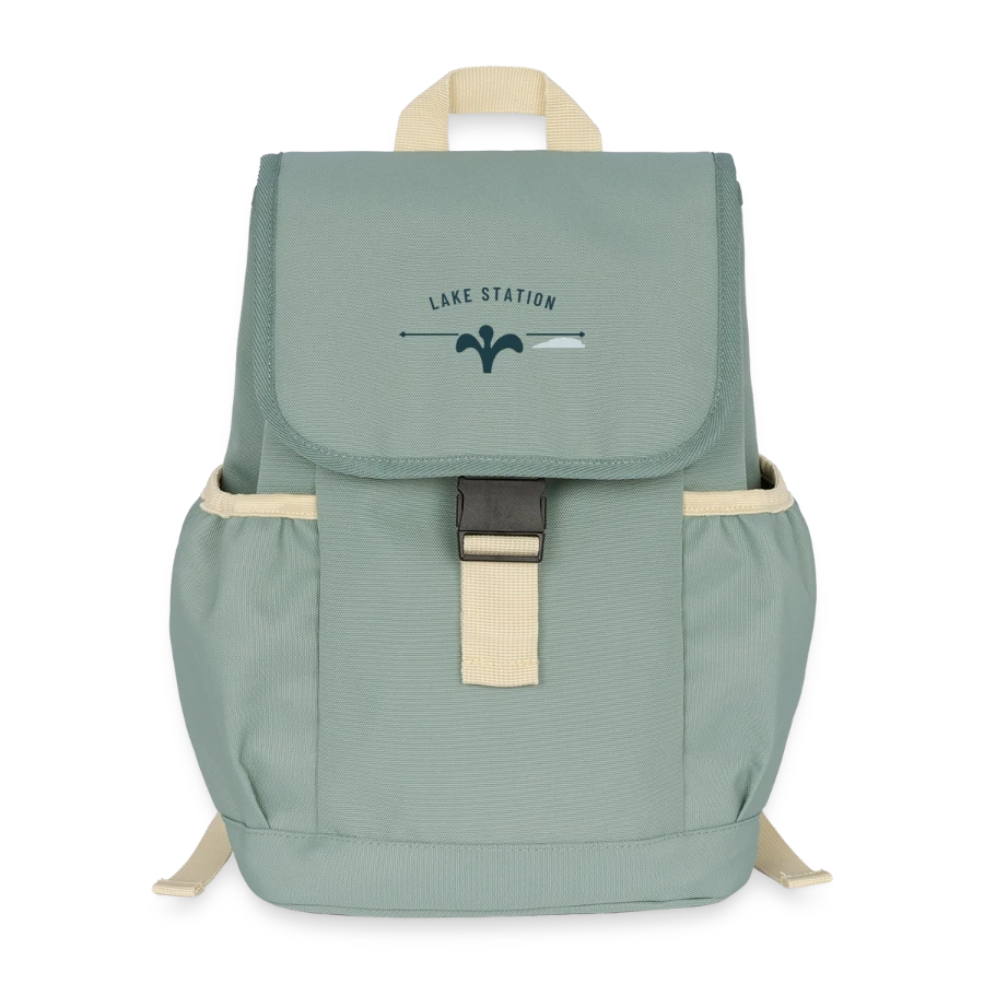 Geneva badge on a kids’ recycled backpack, stonewash green