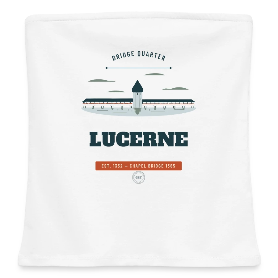 Lucerne badge on a women's organic bandeau top, white