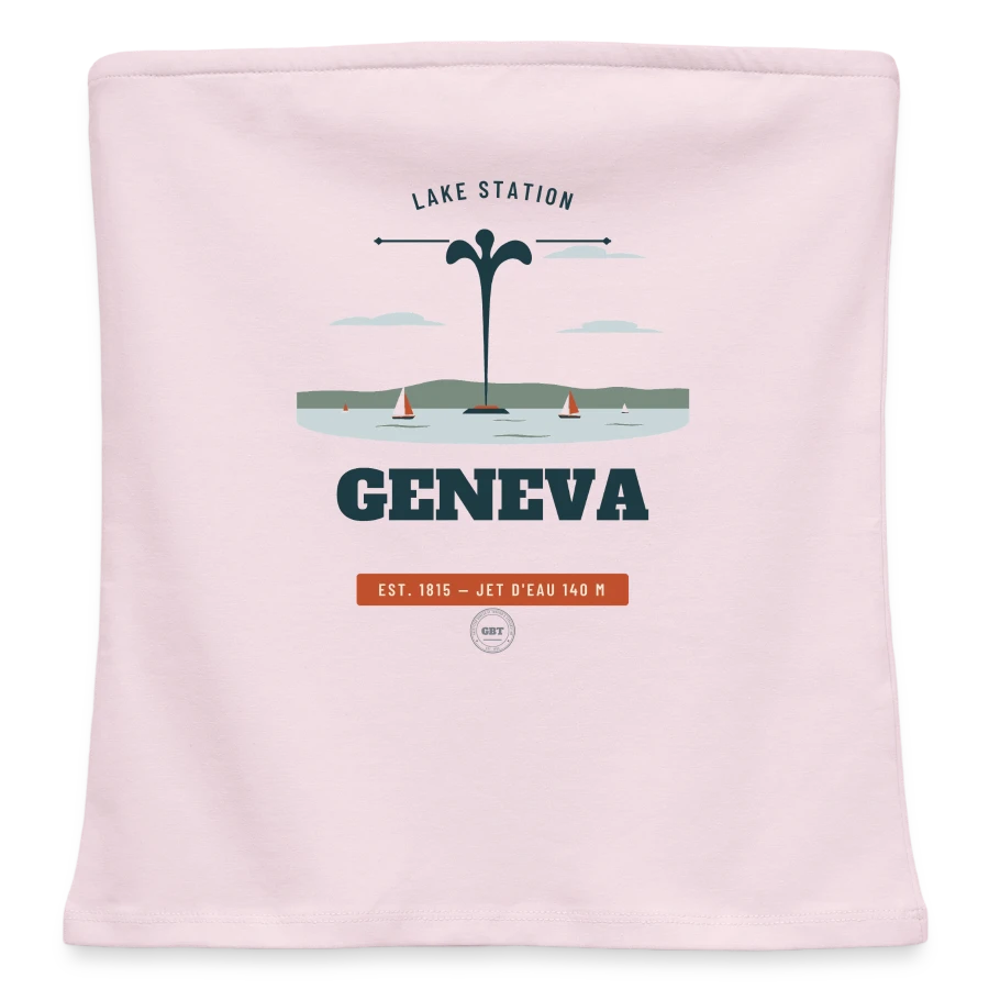 Geneva badge on a women's organic bandeau top, powder pink