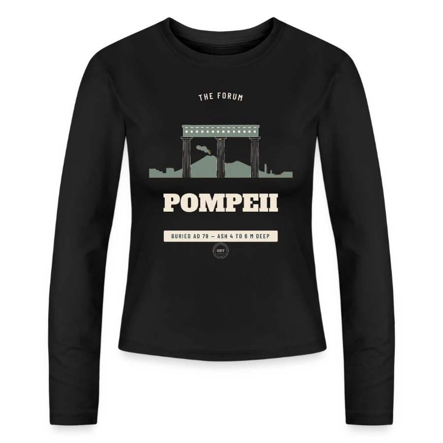 Pompeii badge on a slim fit women's organic longsleeve, black, front