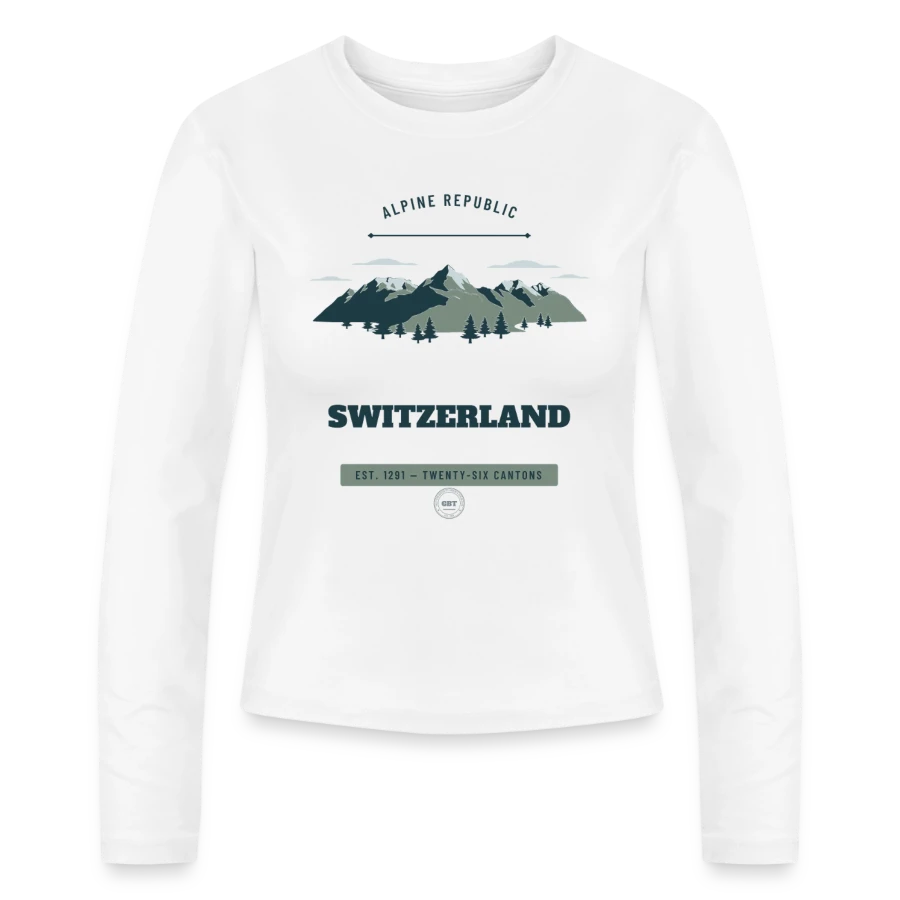 Switzerland badge on a slim fit women's organic longsleeve, white, front