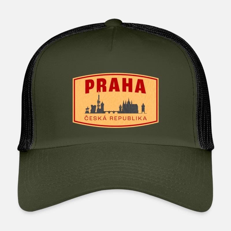 Praha Skyline & ČR Emblem - Kinder Trucker-Cap - Olive/Schwarz