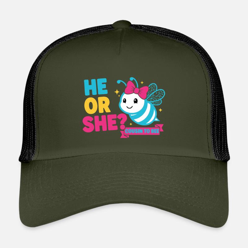 Geschlechtsoffenbarung: Er oder sie Cousin zur Bienen-Babyparty - Kinder Trucker-Cap - Olive/Schwarz
