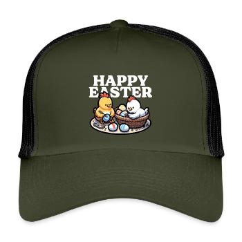 Joyeuses Pâques - De mignons poussins peignent des œufs de Pâques - Casquette trucker enfant - olive/noir - Devant