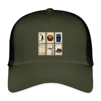Collection de timbres de basketball vintage - Casquette trucker enfant - olive/noir - Devant
