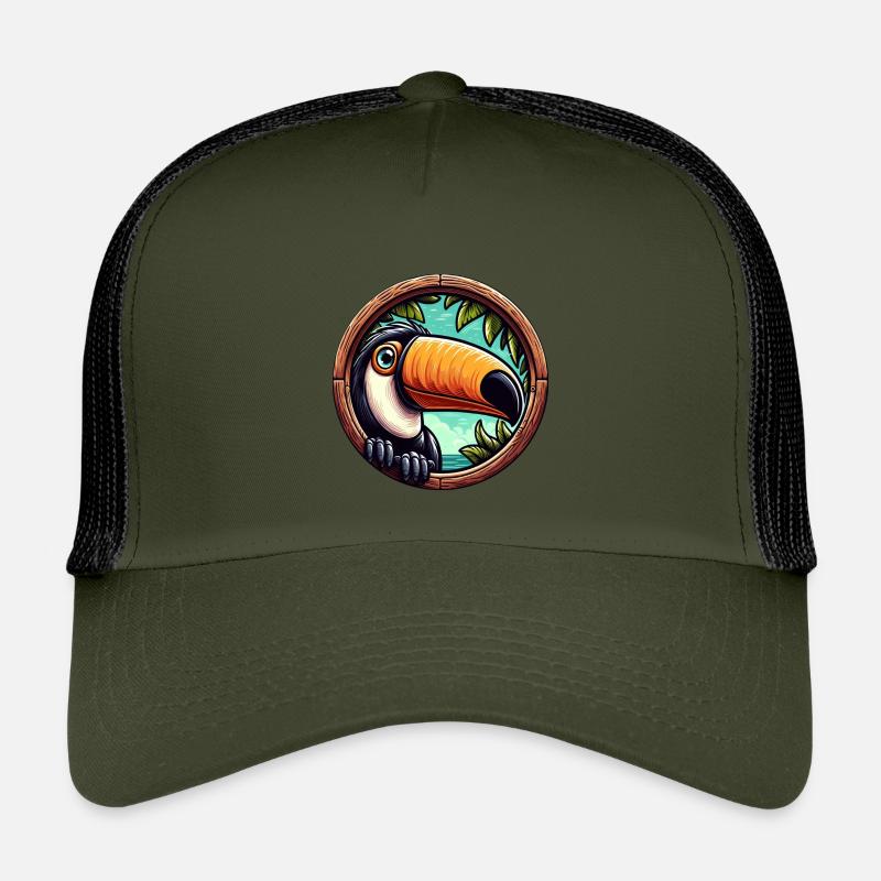 Cartoon toucan looking through round window Kids’ Trucker Cap