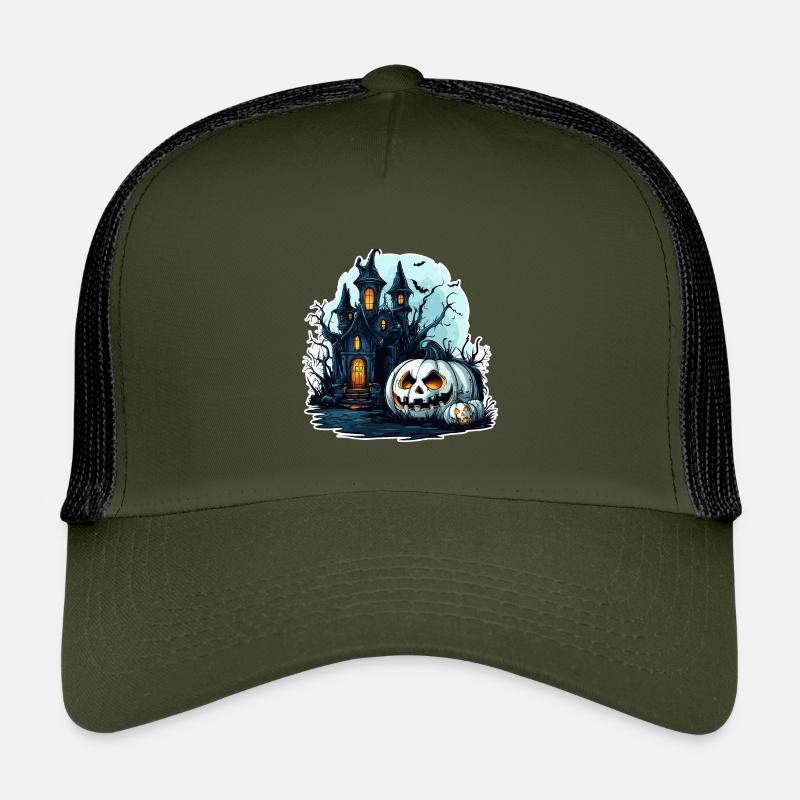 Haunted house with glowing pumpkins Kids’ Trucker Cap