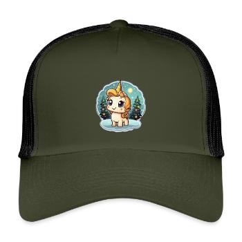 Winter magic unicorn in the snow forest - Kids’ Trucker Cap - olive/black - Front