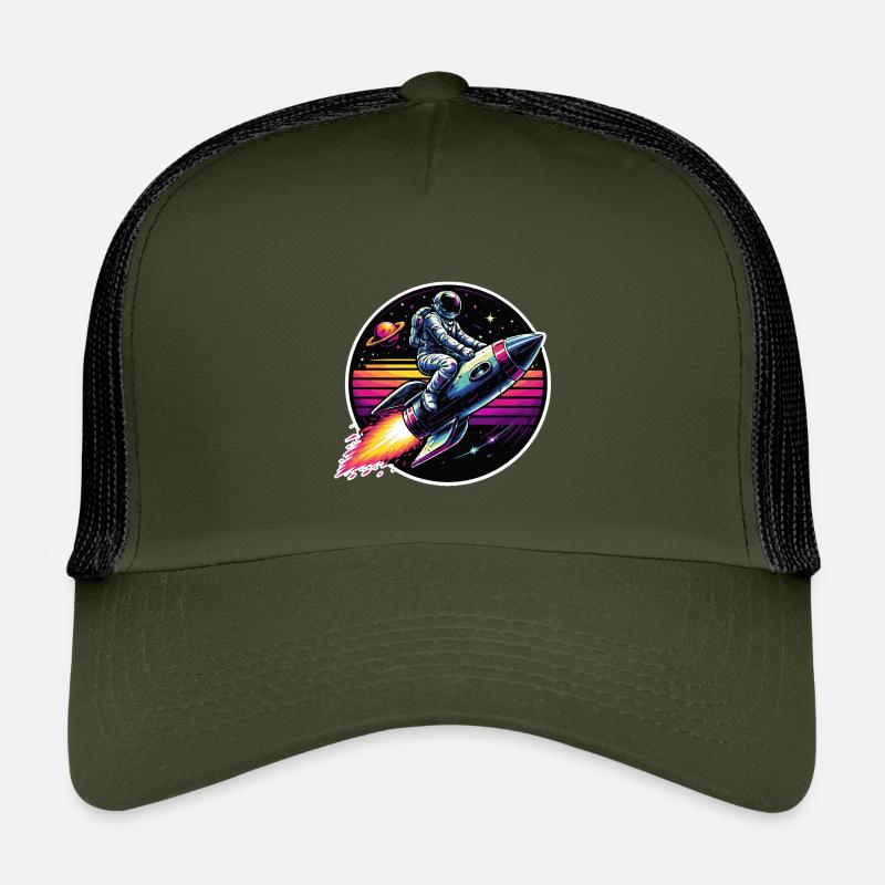 Astronaut on rocket in retro sunset - Kids’ Trucker Cap - olive/black