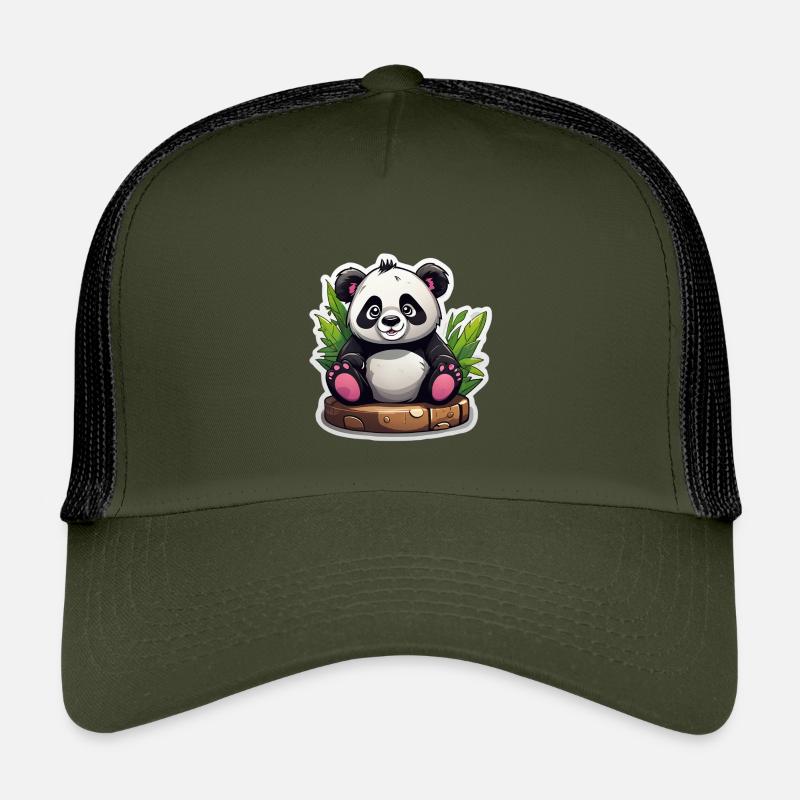 Cartoon Panda Sitting On Bamboo - Kids’ Trucker Cap - olive/black