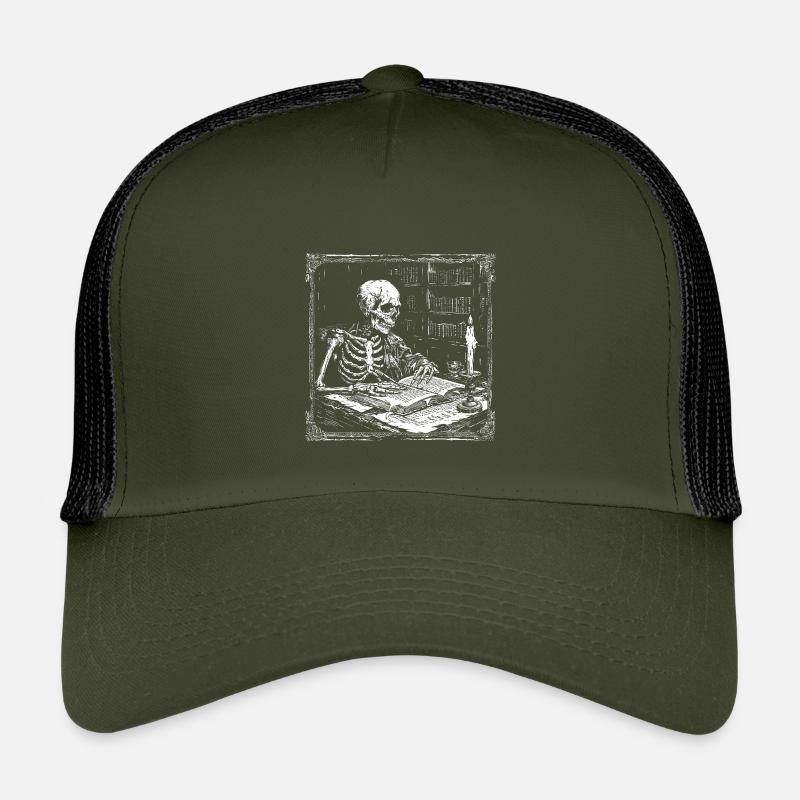 Skelett am Lese-Tisch Bücherwurm Leseratte - Kinder Trucker-Cap - Olive/Schwarz