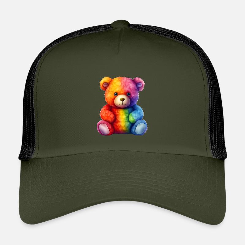 Rainbow Plush Bear Hug - Kids’ Trucker Cap - olive/black