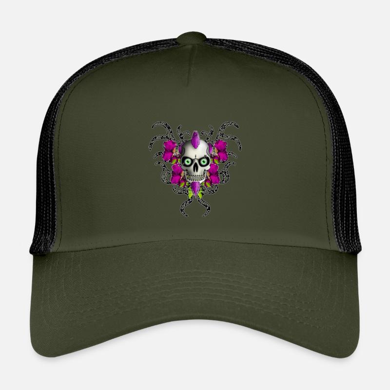 Gothic Punk Skull Roses R6Z - Kinder Trucker-Cap - Olive/Schwarz