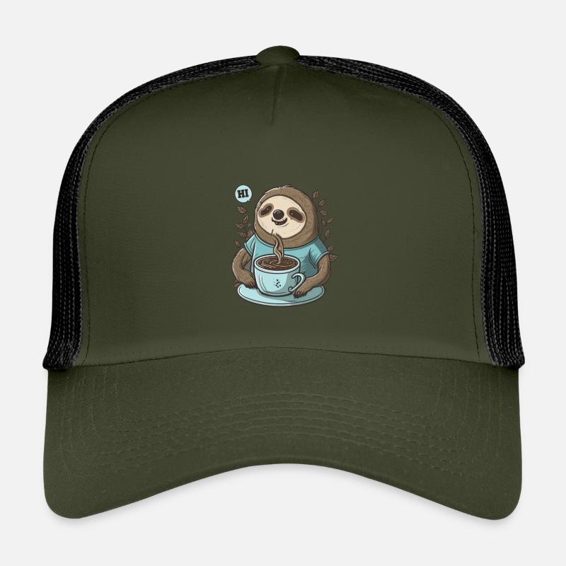 friendly sloth with fragrant coffee says HI Kids’ Trucker Cap