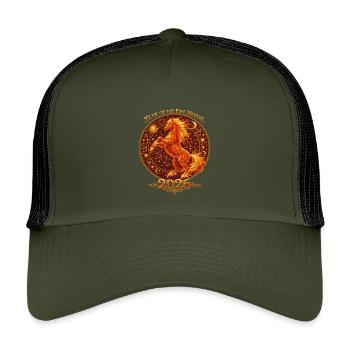 Chinesisches Neujahr 2026 Pferd Vintage  - Kinder Trucker-Cap - Olive/Schwarz - Vorne