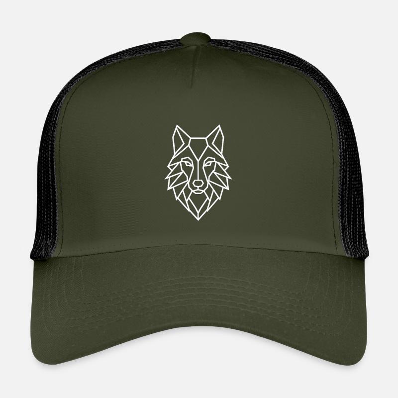 Geometric Wolf Head Line Art - Kids’ Trucker Cap - olive/black