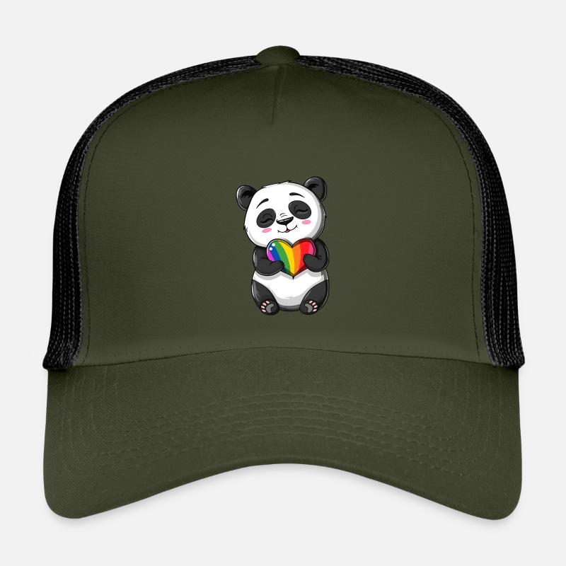 Panda-Karikatur mit einem Pride-Regenbogenherz - Kinder Trucker-Cap - Olive/Schwarz