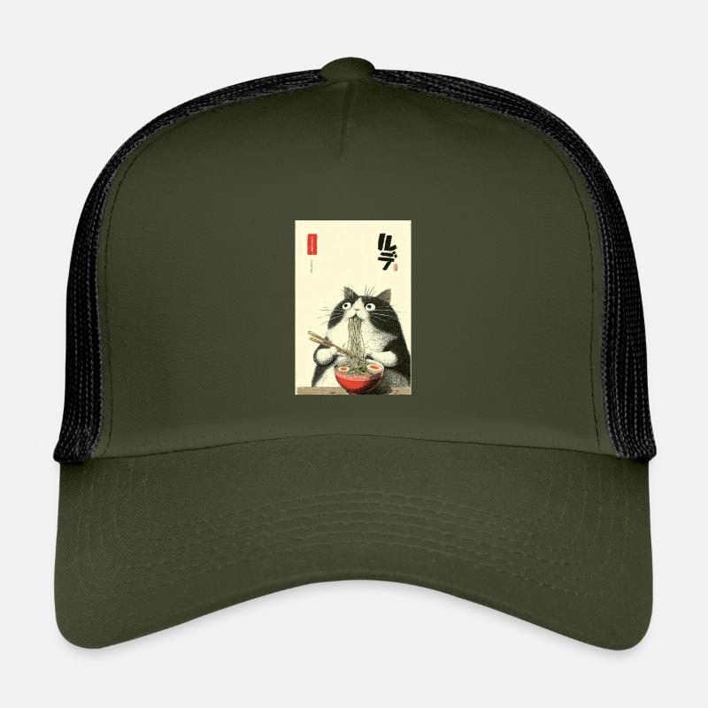 Nudelkatze Ukiyoe-Stil - Kinder Trucker-Cap - Olive/Schwarz
