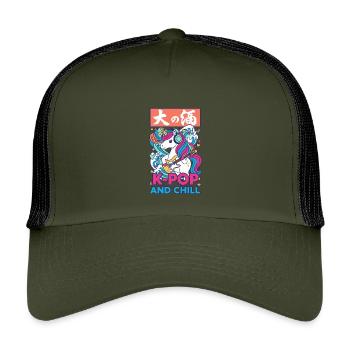 Niedliche Einhorn-K-Pop- und entspannte koreanische Musik-Anime - Kinder Trucker-Cap - Olive/Schwarz - Vorne