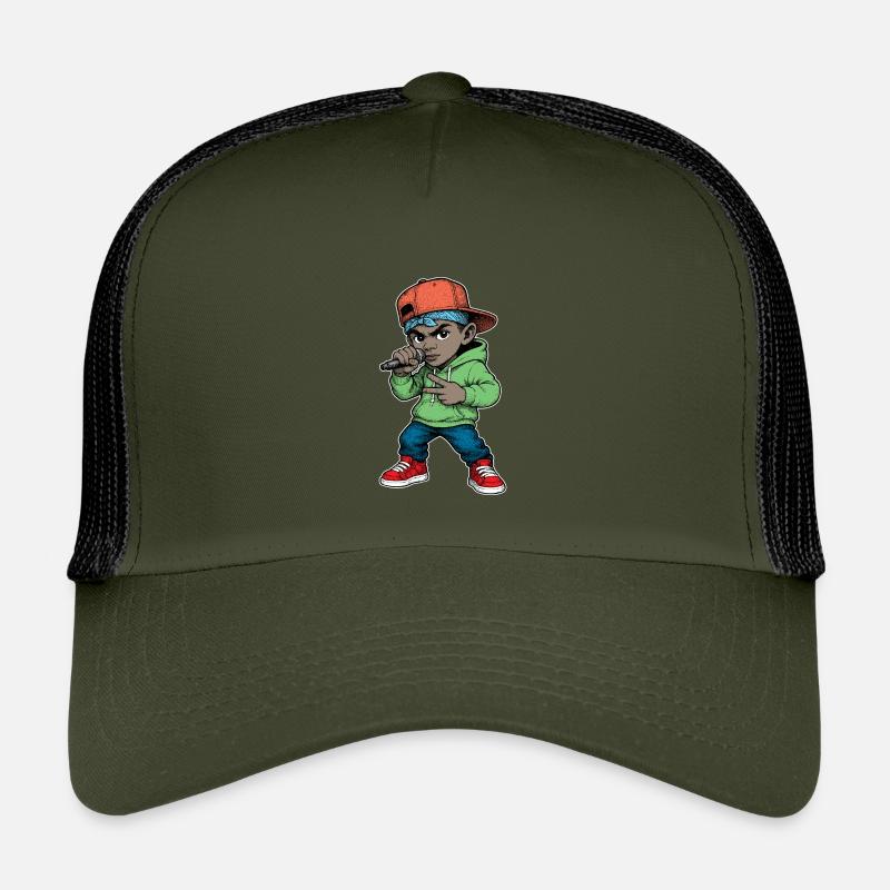 Junger Rapper-Junge mit Mikrofon - Kinder Trucker-Cap - Olive/Schwarz
