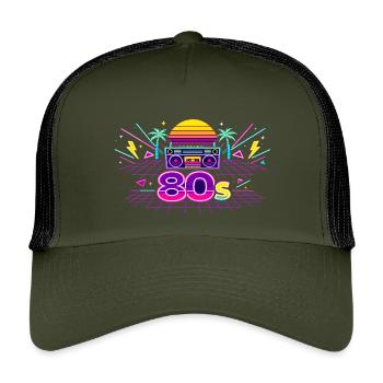 Neon 80s Boombox Sunset - Kids’ Trucker Cap - olive/black - Front