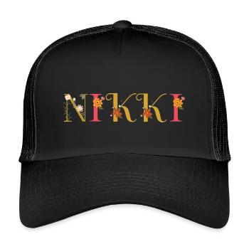 NIKKI name decorated with flowers - Kids’ Trucker Cap - black/black - Front