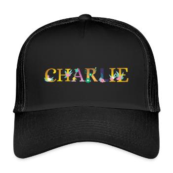 CHARLIE name adorned with flowers - Kids’ Trucker Cap - black/black - Front
