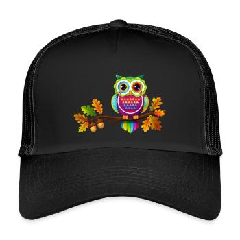 Bunte Eule auf Ast mit Herbstblättern - Kinder Trucker-Cap - Schwarz/Schwarz - Vorne