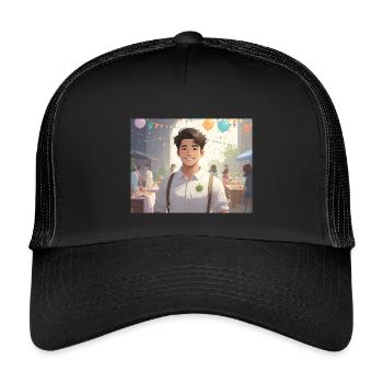 Portrait of a young man at a summer party - Kids’ Trucker Cap - black/black - Front