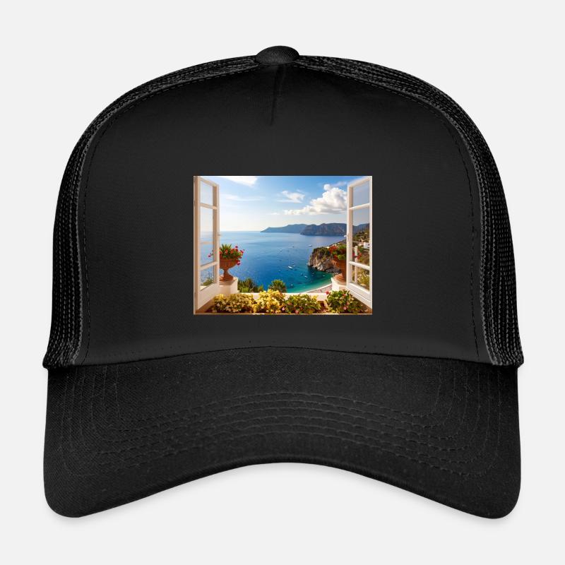 Panoramablick auf die Mittelmeerküste - Kinder Trucker-Cap - Schwarz/Schwarz