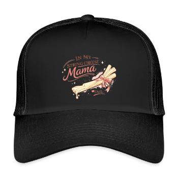 In My String Cheese Mama Era – Lustiges Mama-Shirt - Kinder Trucker-Cap - Schwarz/Schwarz - Vorne