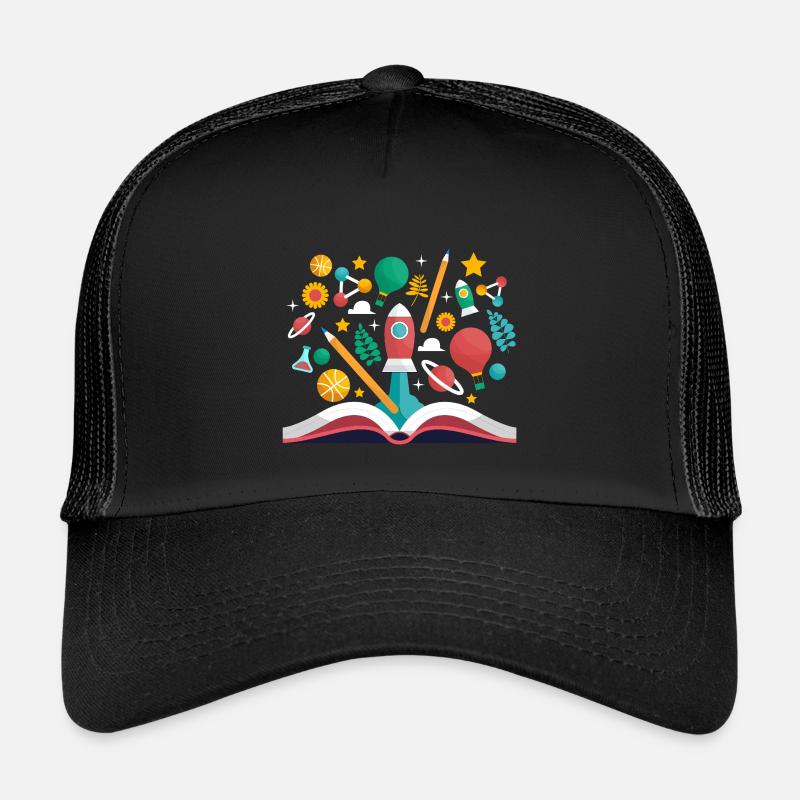 Offenes Buch mit Schulobjekten, Lernen und Pädagogik - Kinder Trucker-Cap - Schwarz/Schwarz