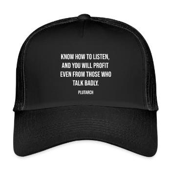 Listening Profit Typography: Plutarch Quote - Kids’ Trucker Cap - black/black - Front