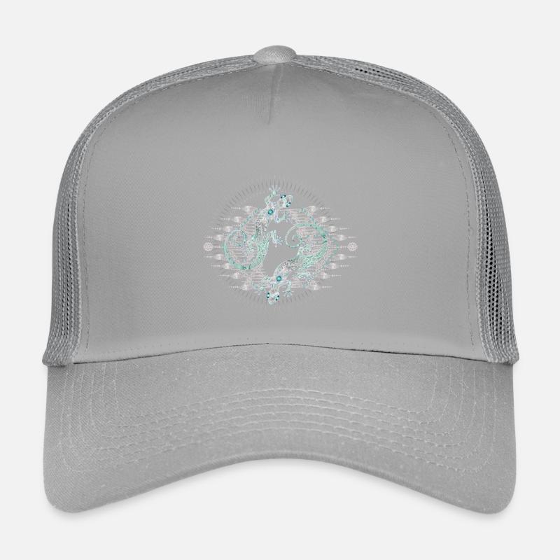 Two ornate geckos in a silver ornamental circle Kids’ Trucker Cap