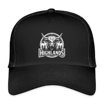 Highlands Kuh mit Berglandschaft - Kinder Trucker-Cap - Schwarz/Schwarz - Vorne