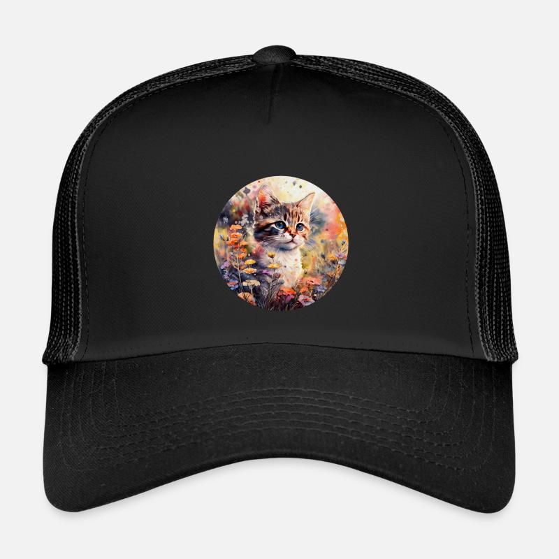 Chat dans un pré fleuri - Aquarelle - Casquette trucker enfant - noir/noir