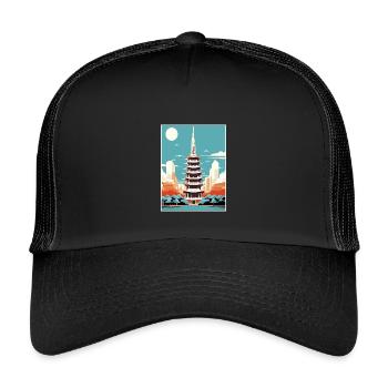 Japan Tokyo Travel Poster Souvenir Postcard Paint - Kids’ Trucker Cap - black/black - Front