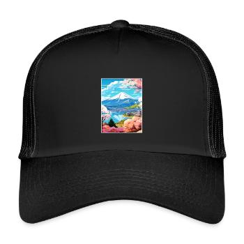 Japan Tokyo Travel Poster Souvenir Postcard Paint - Kids’ Trucker Cap - black/black - Front