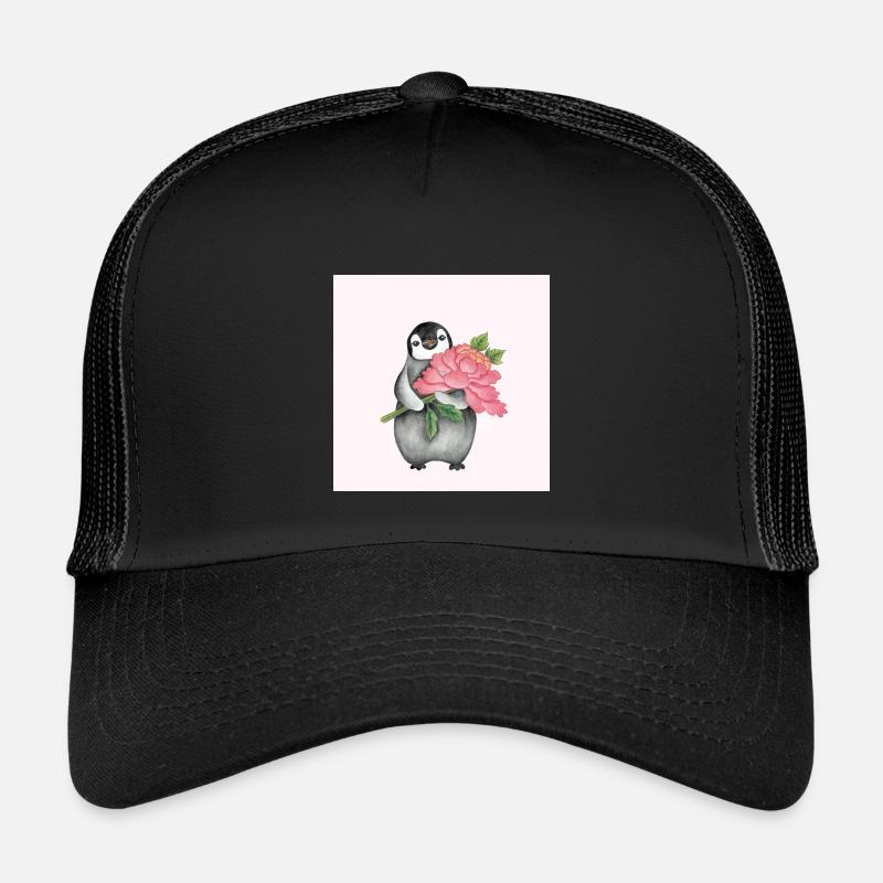 Cute Penguin with Peony - Kids’ Trucker Cap - black/black