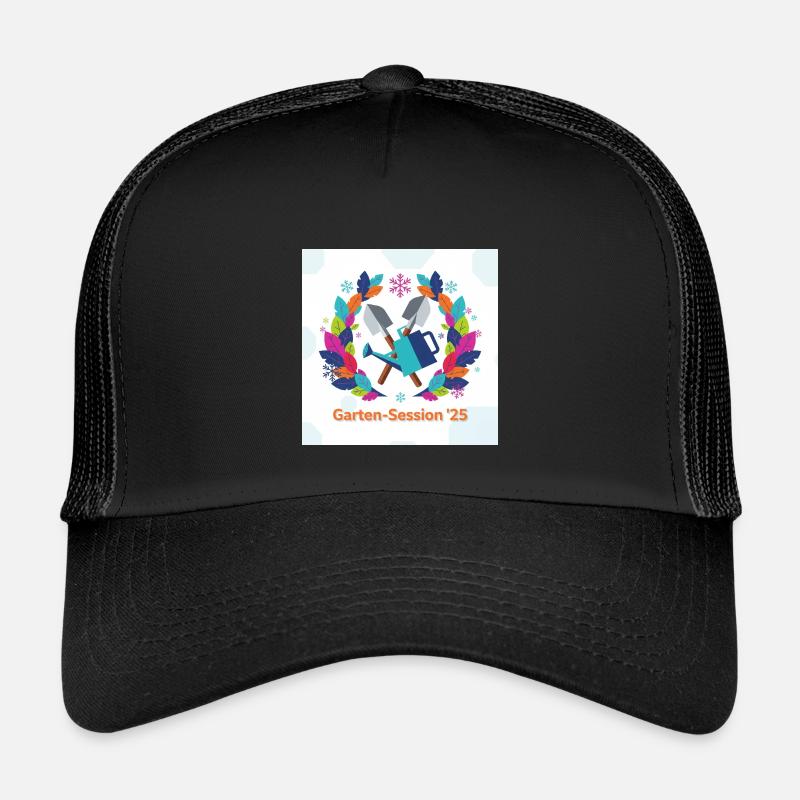 Geometrische Gartengeräte "Garten-Session '25" - Kinder Trucker-Cap - Schwarz/Schwarz