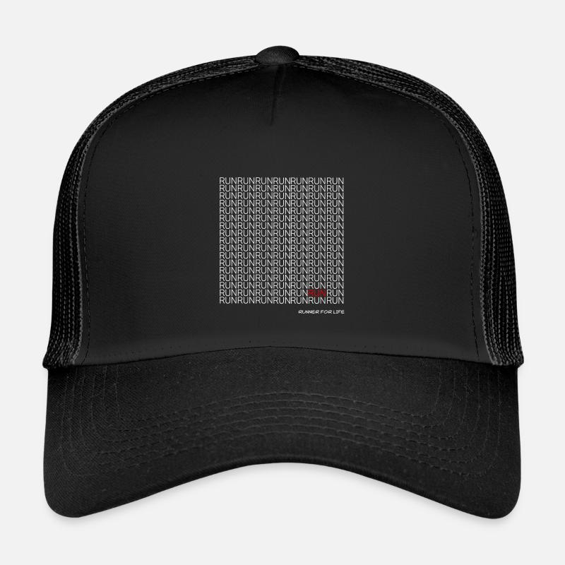 Run Run Run pattern with red accent - Kids’ Trucker Cap - black/black