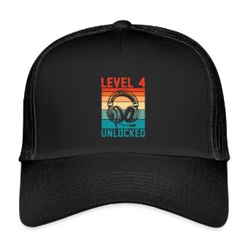 Child 4 years old Level 4 Unlocked, 4th birthday - Kids’ Trucker Cap - black/black - Front