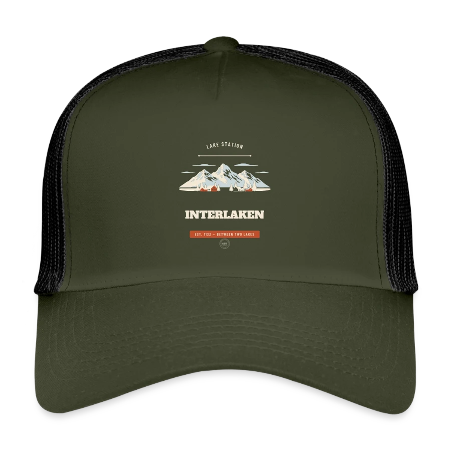 Interlaken badge on a kids’ trucker cap, olive/black