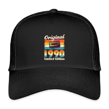 35. Geburtstag Kassette Oktober Jahrgang 1990 - Kinder Trucker-Cap - Schwarz/Schwarz - Vorne