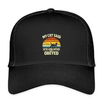 Cat wants to get out | Cat on a leash humor - Kids’ Trucker Cap - black/black - Front